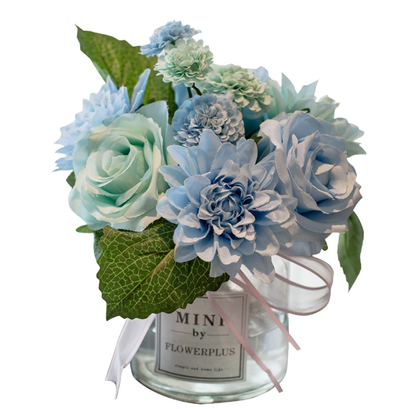 爱已装糖 ins北欧小清新绢花假花 桌面装饰摆件小花瓶 白迷你瓶+大丽花蓝色