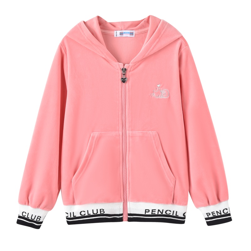 铅笔俱乐部童装秋季女童针织外套连帽金貂绒舒适柔软儿童上衣拉链