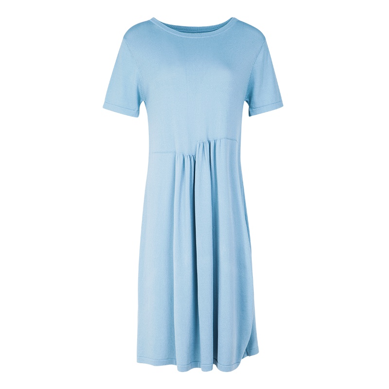 晚白2019夏季新品时尚休闲圆领短袖宽松中长款纯色薄针织连衣裙女