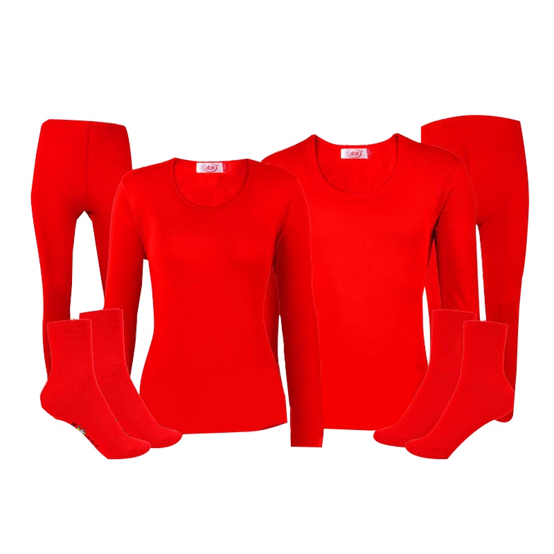 浪莎 男女款 中国红本命年 加绒加厚 保暖内衣四件套