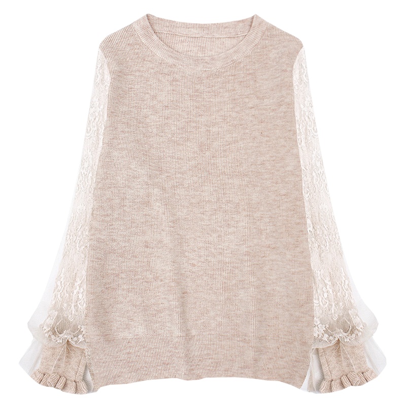 小样传奇  2024春秋新款女装宽松韩版网纱蕾丝拼接针织衫短款长袖百搭毛衣女外穿上衣