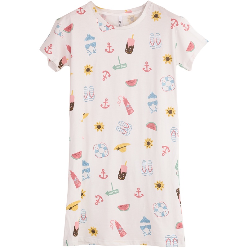 红豆居家(Hodohome)20年春夏新款女士纯棉甜美印花可爱小清新可外穿短袖家居睡裙