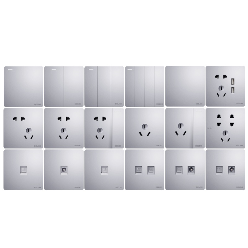 德力西开关插座家用暗装墙壁一开五孔银灰色北欧开关面板复古开关