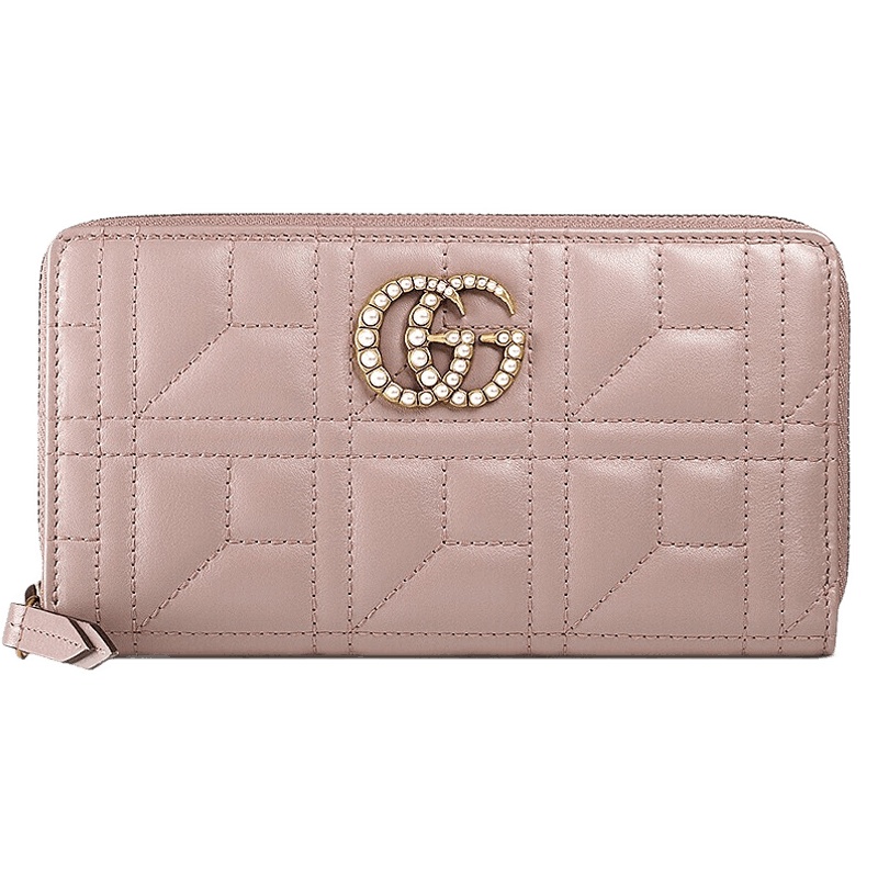GUCCI古驰女包 gucci古琦奢侈品女士双G珍珠长款钱包 粉色