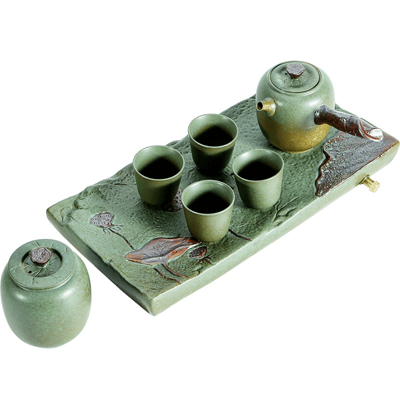 中式干泡茶盘陶瓷侧把壶泡茶器办公送礼复古禅意功夫茶具套装 荷塘青荷干泡1壶4杯1罐礼盒装