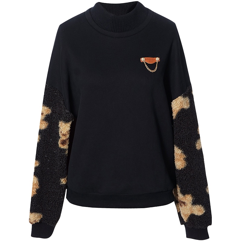 OUNIXUE欧昵雪 | [小熊图案宽松上衣]秋冬季休闲半高领颗粒绒长袖毛绒卫衣女