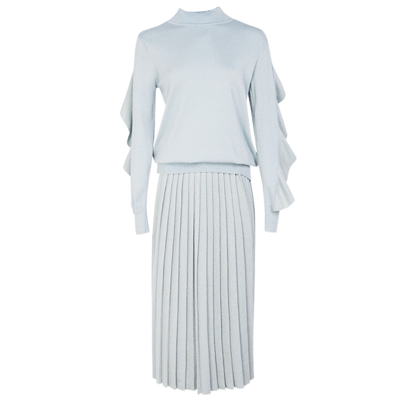 晚白2019秋季新品套装裙荷叶边针织衫松紧腰百褶半身裙针织套装女