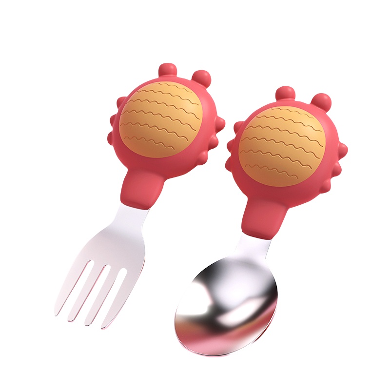 DuDi/青蛙嘟迪 婴儿辅食勺宝宝训练不锈钢叉勺儿童餐具学吃饭勺子(样式随机) 粉色