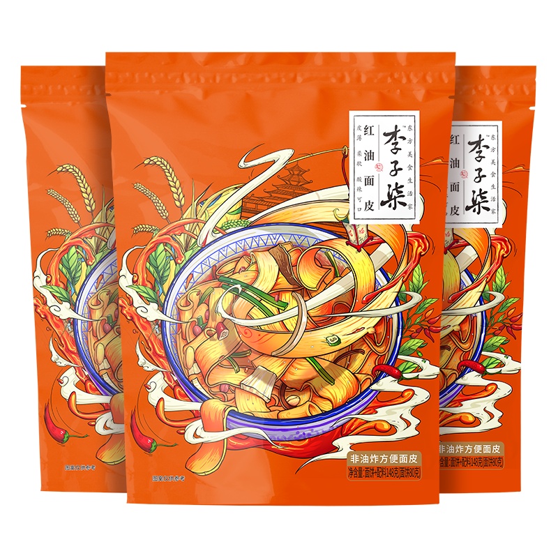 李子柒红油面皮速食方便速食宽面皮速食袋装干拌面宽面非油炸3袋