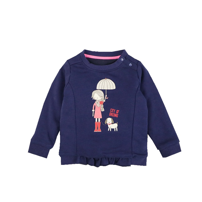 安笛贝乐童装女童夹棉深蓝色卡通卫衣秋季冬季新款宝宝印花圆领套头衫儿童纯棉卫衣外套90-120cm