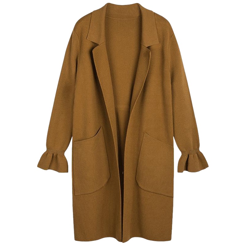 拉夏贝尔新款开衫外搭针织衫宽松荷叶袖长款卡其色毛衣外套女潮