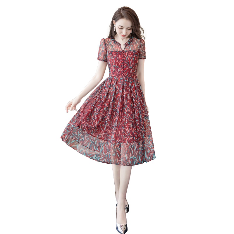 丝柏舍2019夏季女装韩版印花短袖显瘦中长款连衣裙S92R1864L