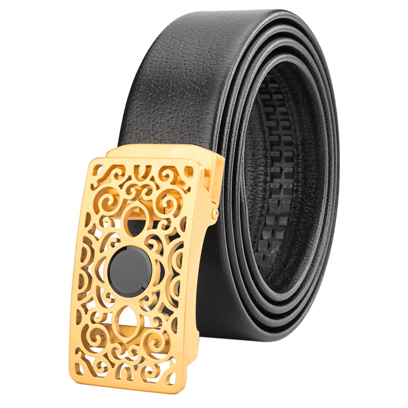 牛当家(CattleOWN)男士皮带真皮不锈钢金色镂空自动扣裤带商务青年中年腰带男黑色7286