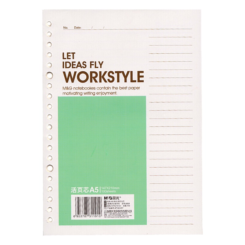 晨光(M&G)APY9H457 A5活页替芯 5本100页/本 20孔 经典办公活页本芯替换本芯 颜色随机