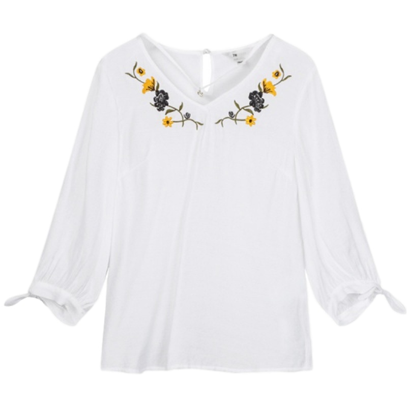 【专柜同款】拉夏贝尔夏新款韩版宽松气质长袖韩范百搭绣花衬衫70010309 本白 S