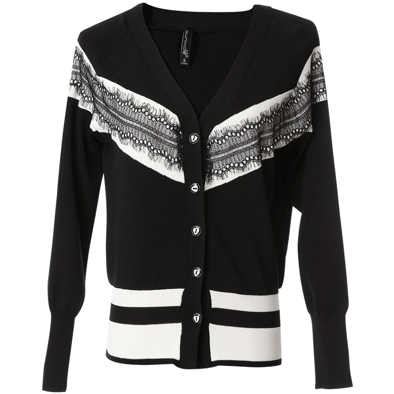 欧昵雪V领拼接睫毛蕾丝长袖针织衫女短款小外套