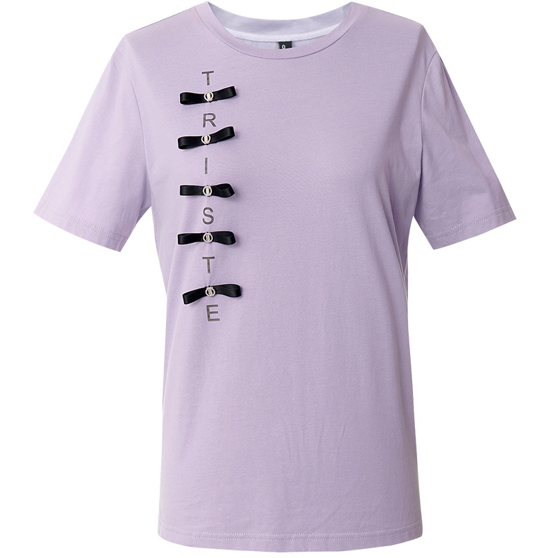 欧昵雪夏季简约百搭圆领上衣字母印花立体蝴蝶结纯棉短袖T恤女