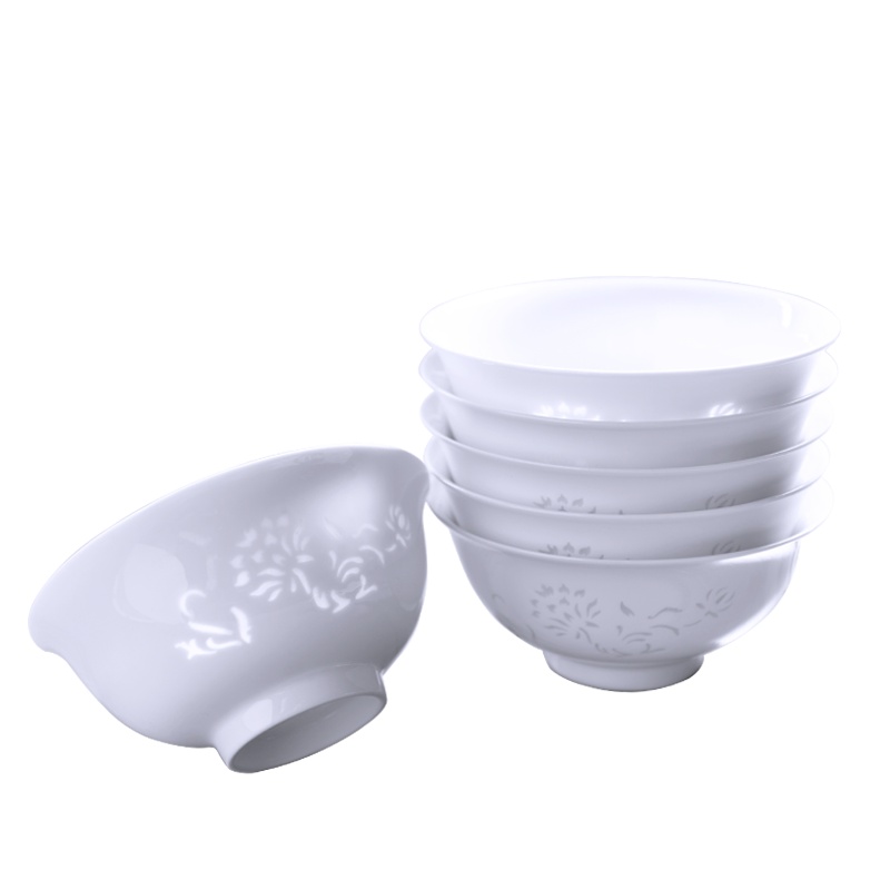 古镇陶瓷景德镇家用吃饭饭碗玲珑白瓷餐具陶瓷碗礼盒套装小碗创意6头套碗白玲珑花中娇客