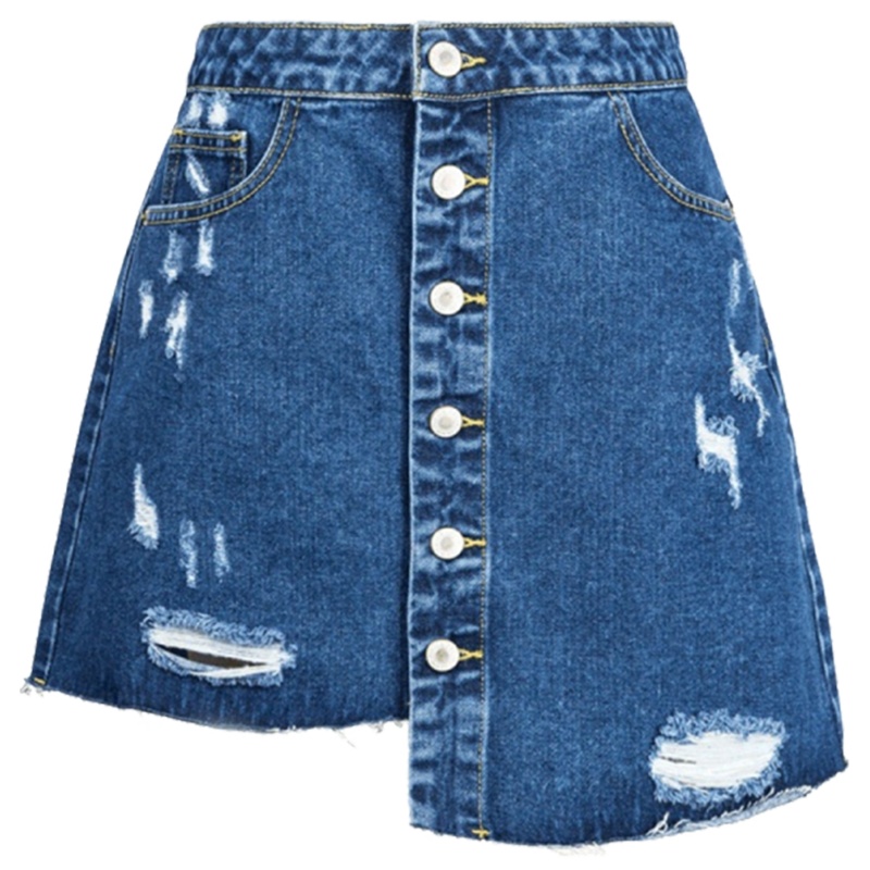 【专柜同款】拉夏贝尔破洞牛仔半身裙女新款韩版高腰不规则单排扣显瘦a字半裙20011895