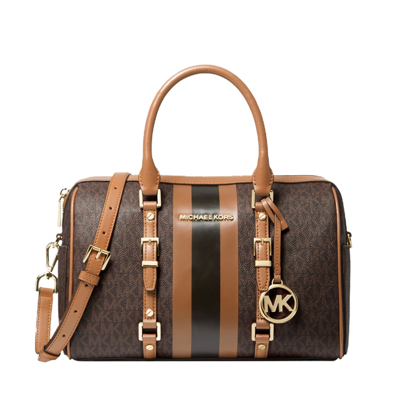 MK女包Michael Kors中号老花徽标条纹单肩手提包 Bedford