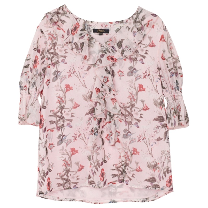 【专柜同款】拉夏贝尔新款女装夏季半袖仙女蕾丝雪纺衫宽松气质v领荷叶边衬衫30092446