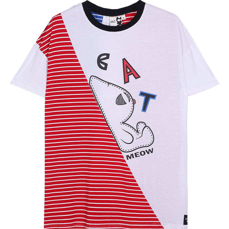 a02新款个性条纹撞色拼接卡通印花叠穿短袖T恤女DTU2D0951KT