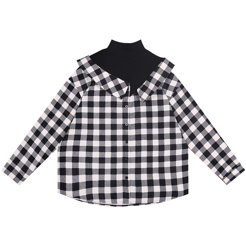 设计感假两件V领拼接格子衬衫女长袖宽松上衣2019新款小众衬衣秋