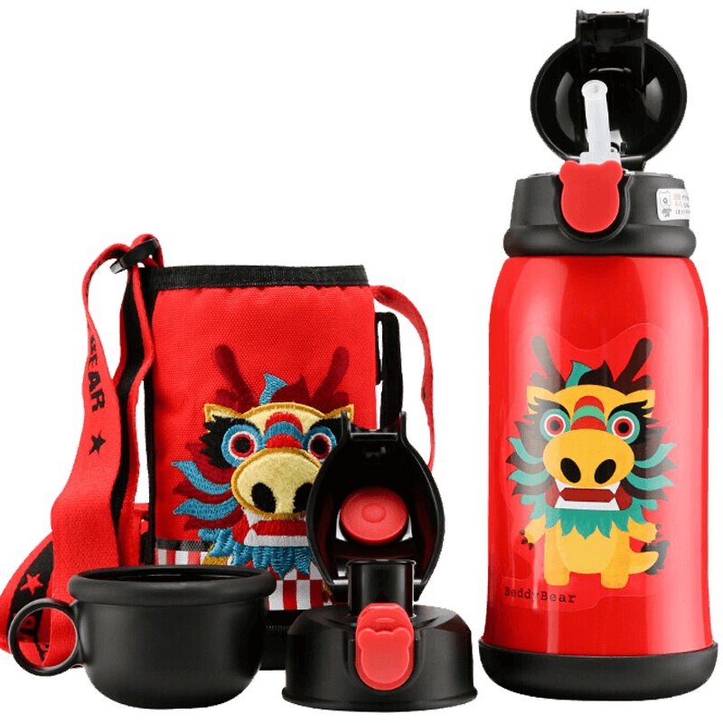 (私人定制)龙款杯具熊儿童保温杯带吸管儿童水杯316不锈钢内胆宝宝学饮杯儿童保温壶600mlBEDDYBEAR