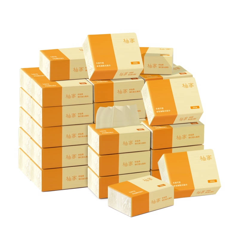 柚家 本色竹纤维抽纸家庭装3层100抽*30包小规格面巾纸餐巾纸