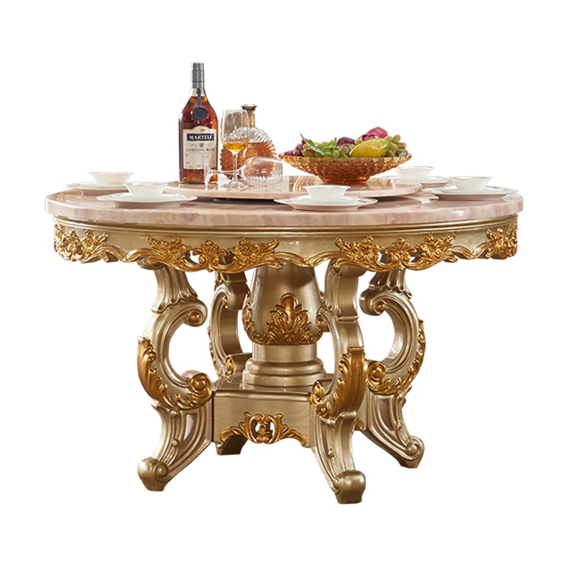 米括(MIKUO)欧式餐桌大理石全实木带转盘香槟色1.2米小户型圆餐台1.5米别墅