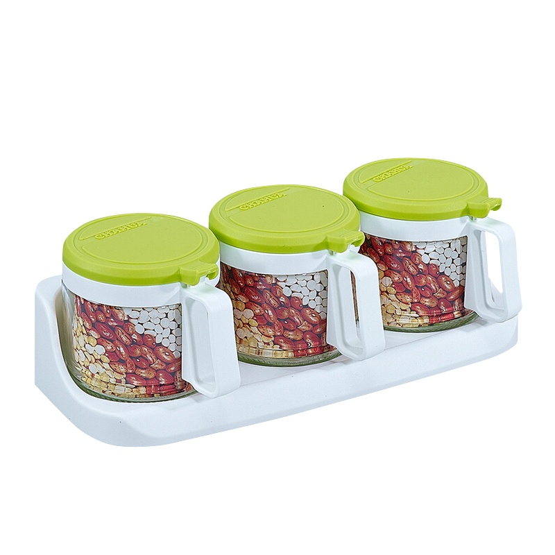 茶花调料盒厨房带盖调料罐子油壶盐罐调料组合套装家用玻璃调味罐三组圆形玻璃调味瓶(300ML)
