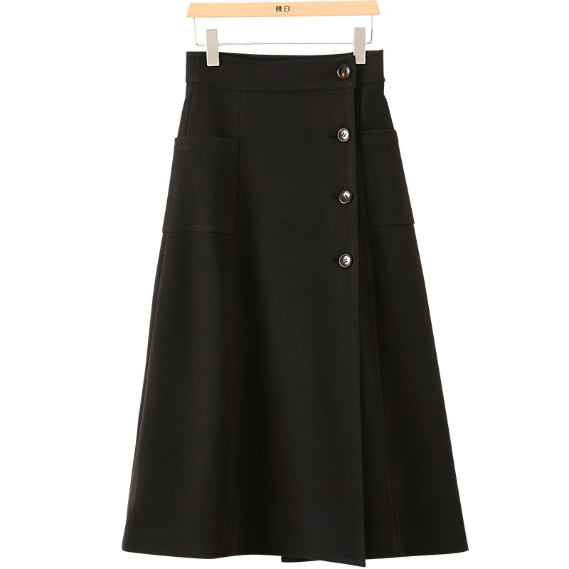 晚白2020冬季新品纯色通勤高腰修身显瘦A字毛呢裙半裙半身裙女