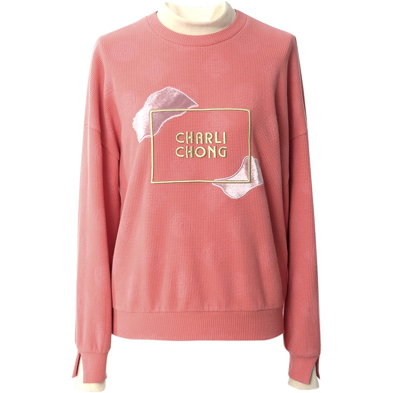 OUNIXUE欧昵雪 | [减龄风假两件上衣]秋冬季休闲半高领拼接字母贴布绣卫衣女