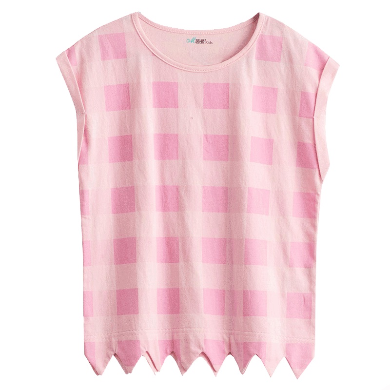茵曼童装纯棉格子印花无袖夏季中大女童T恤