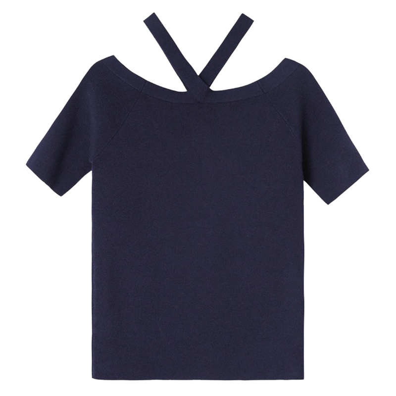 【专柜同款】拉夏贝尔旗下夏季新款百搭休闲一字肩针织打底衫纯色修身短袖T恤60007612