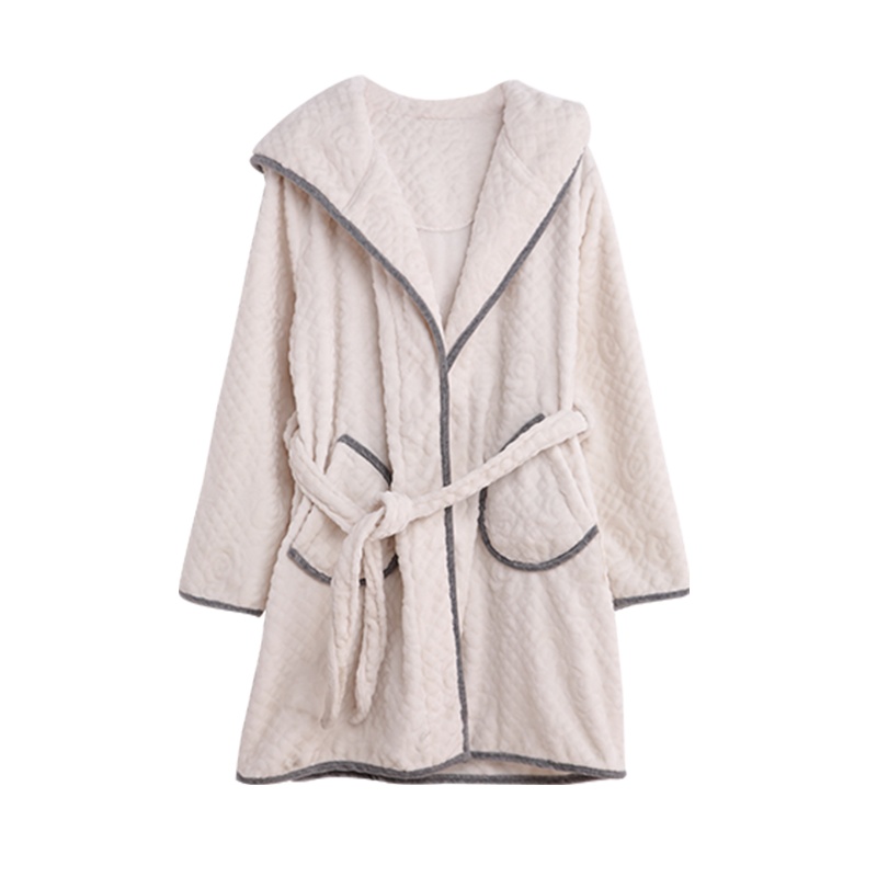 安之伴特卖双面珊瑚绒剪花素色带帽长袖女袍C34B235