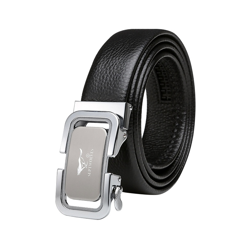 七匹狼男士皮带时尚商务牛皮中青年腰带自动扣休闲裤带银色扣头黑色带身 精美礼盒送礼自用送父亲送男友生日礼物