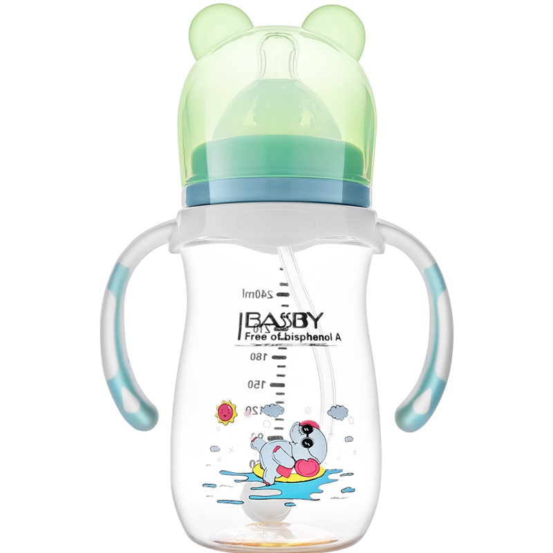 贝斯比/bassby 奶瓶ppsu材质耐摔宽口径宝宝防胀气新生婴儿奶瓶硅胶奶嘴240ml/粉绿色