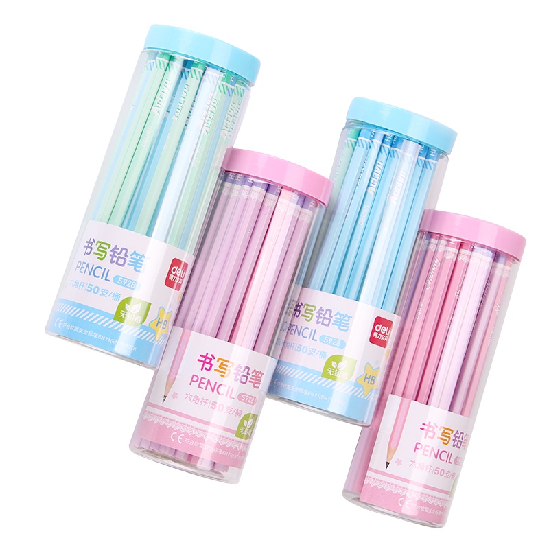 得力(deli)S928铅笔桶装彩色六角杆铅笔HB小学生儿童画画铅笔素描写字笔50支装蓝色/粉色2种包装办公批发