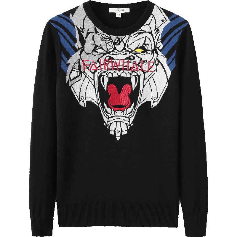 马克华菲男装秋冬季韩版印花圆领纯棉套头男士针织衫