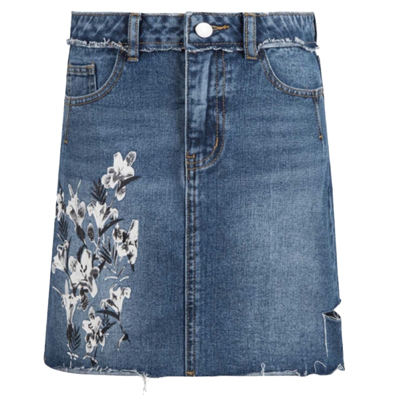 【专柜同款】拉夏贝尔牛仔A字裙女夏新款韩版学生花卉印花百搭高腰半身裙短裙20011838
