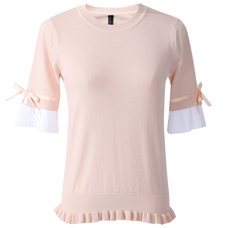 欧昵雪夏季蝴蝶结系带短袖针织衫上衣女短款圆领套头毛衣薄款