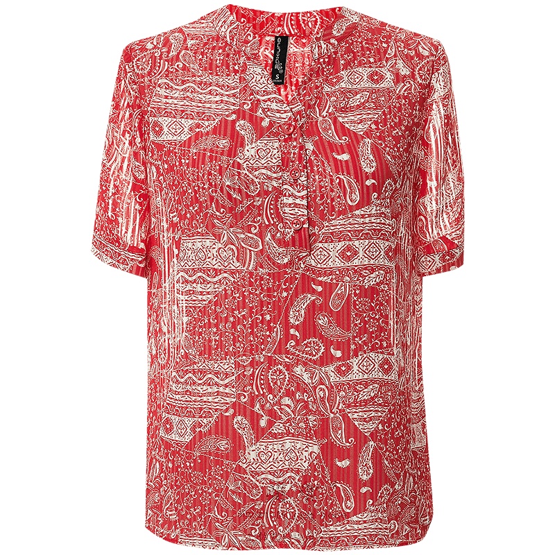 欧昵雪复古印花夏季小众气质半开领短袖宽松雪纺衬衫女