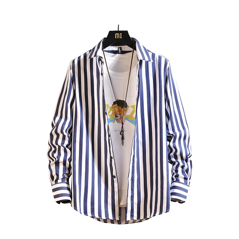 蓝旗(BLUEG)日系宽松条纹衬衫男士潮流ins百搭衬衣