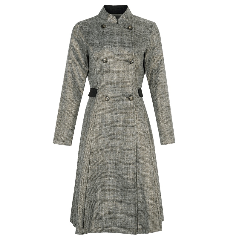 晚白2020冬季新品通勤复古格子修身收腰中长款毛呢大衣风衣外套女