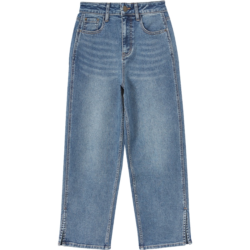 [1件5折价:70]美特斯邦威高腰牛仔裤女宽松直筒新款冬季侧边开衩款老爹长裤