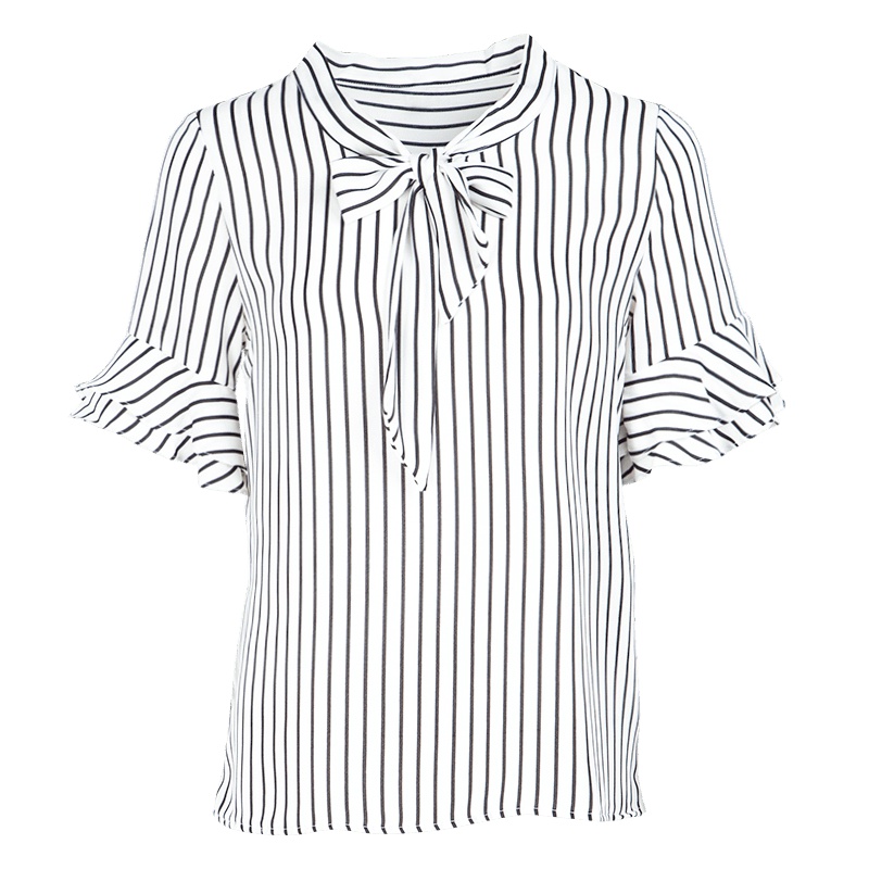 晩白 新品通勤职业优雅条纹系带领简约喇叭短袖上衣衬衫女