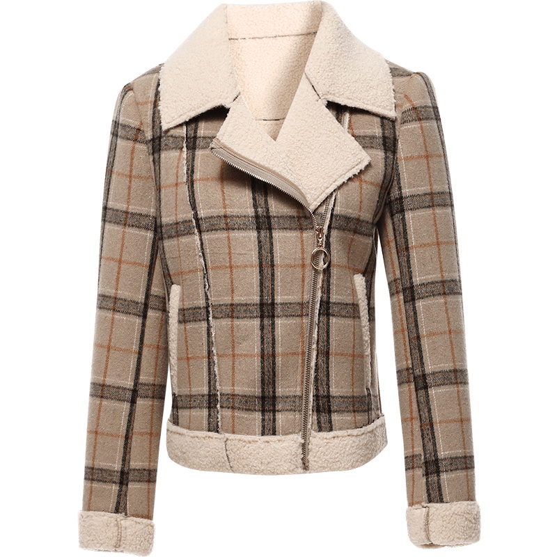 欧昵雪秋冬英伦风翻领仿羊羔毛呢子短外套女宽松格子大衣