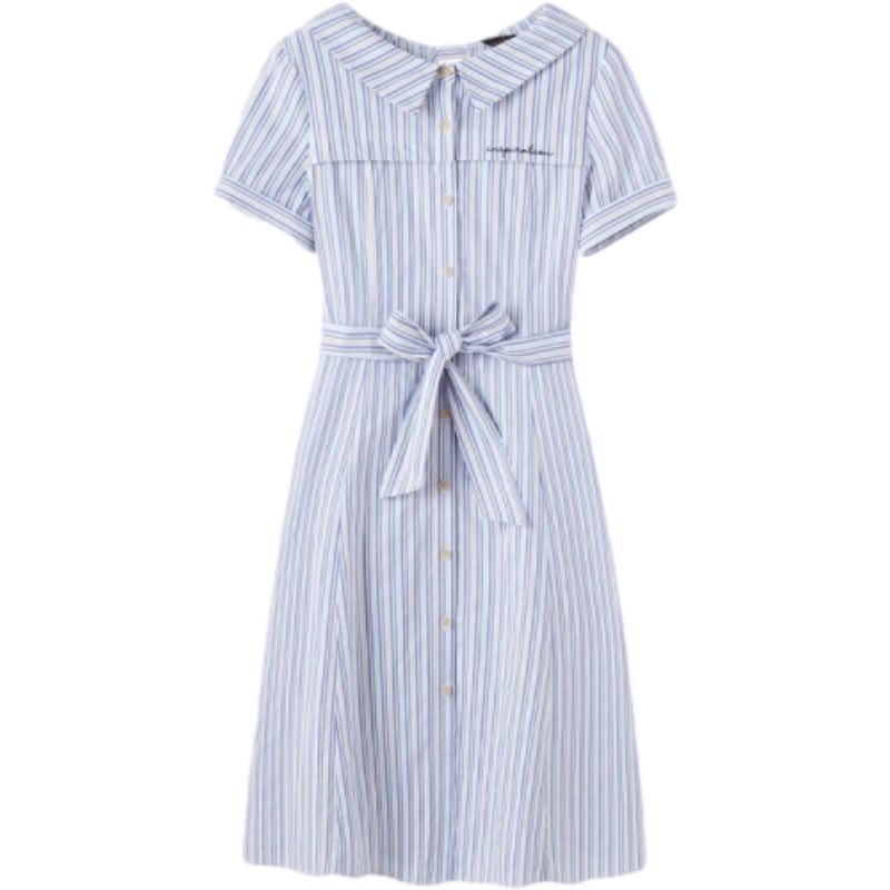 拉夏贝尔气质条纹连衣裙新款夏季宽松收腰短袖职业衬衫裙子女