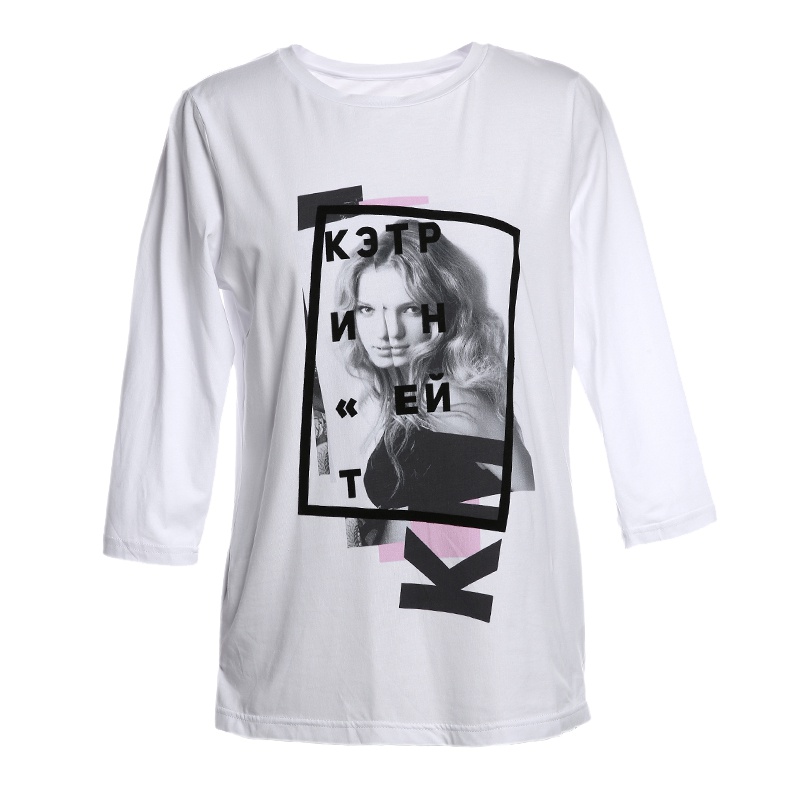 秋水伊人2019秋装新清新圆领人像棉质修身七分袖上衣T恤FV33